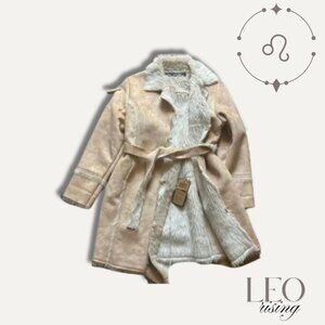 AC-3998 Statement Piece Faux Fur Jacket, Tan with Belt and Fringe.